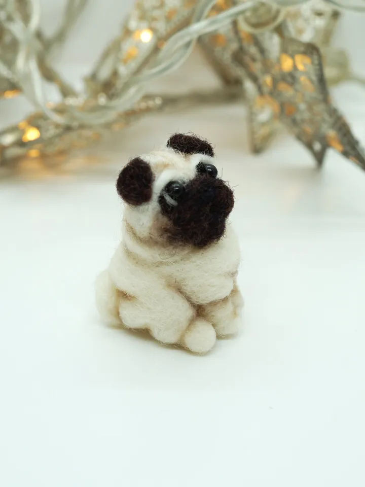 Tiny needle felted pug, miniature felted pet, dog portrait, made to order