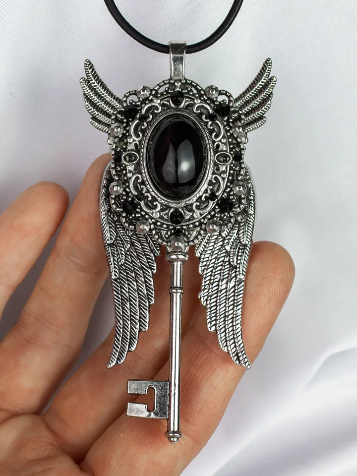 Gothic Winged Key Necklace with Black Obsidian and Swarovski Crystals – Vintage Steampunk Jewelry