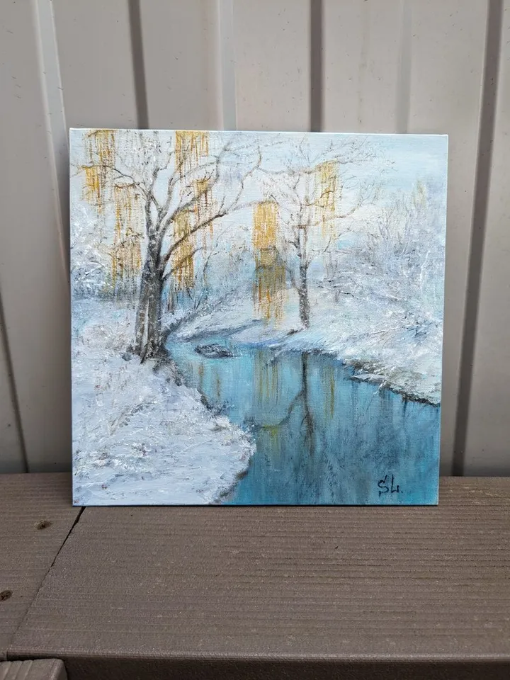 Painting Winter landscape with birches, Dawn River Reflection
canvas on cardboard 10x10 inches, oil paints