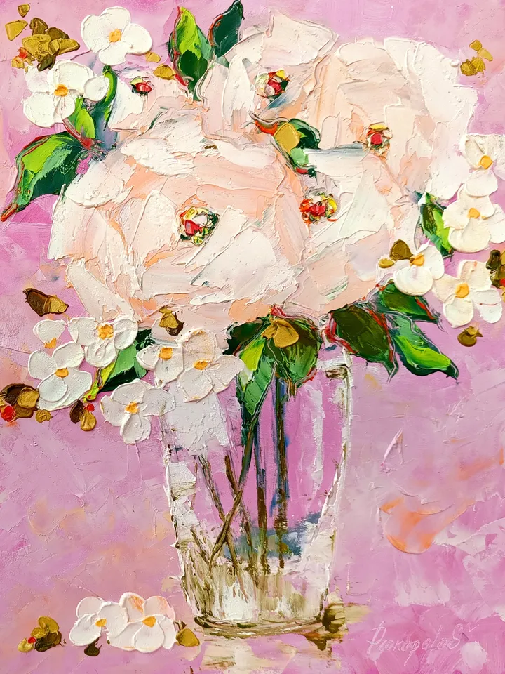 Peonies Painting Floral Original Art Impasto Painting 14x11 Oil White Flowers in by ArtProkopaloSv