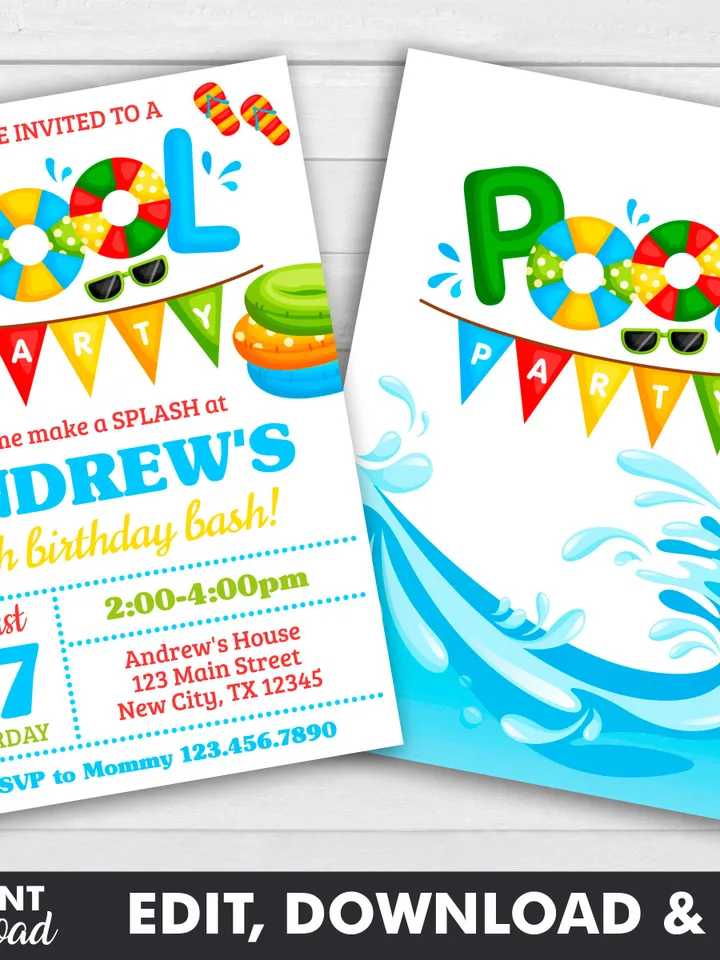 Pool Party Invitation Boy, Pool Party Birthday Invitation Instant Download, Swimming Party Invite, Editable Template