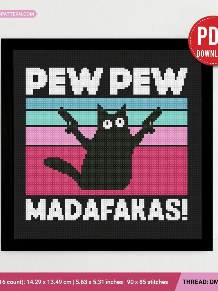 Pew Pew Madafakas meme Cross stitch pattern, Cat, Kitty, animals, beginner counted, modern chart, gift DIY, embroidery, instant PDF, digital