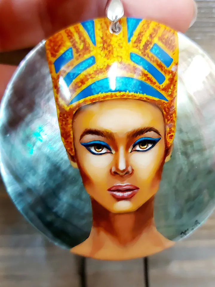Pearl pendant necklace: Queen Nefertiti on handmade necklace, charming shell pendant painted in Fedoskino style, jewelry for evening dress