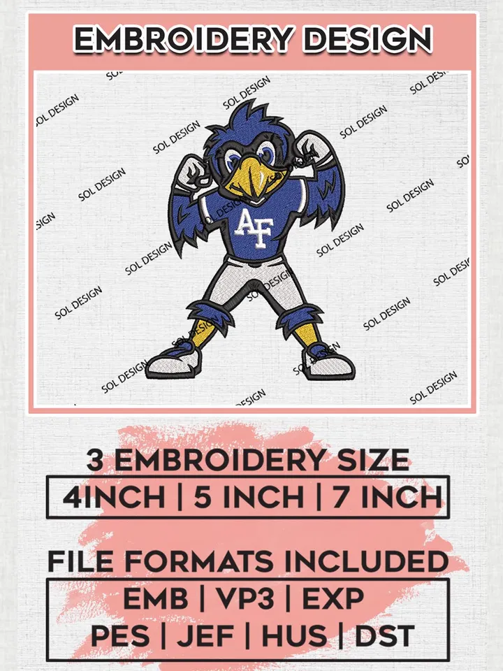 NCAA Air Force Falcons Team Mascot Logo Machine Embroidery Design, NCAA Air Force Falcons Team Design Design files, NCAA Team Embroidery Designs, NCAA Machine Embroidery Designs, Digital Download