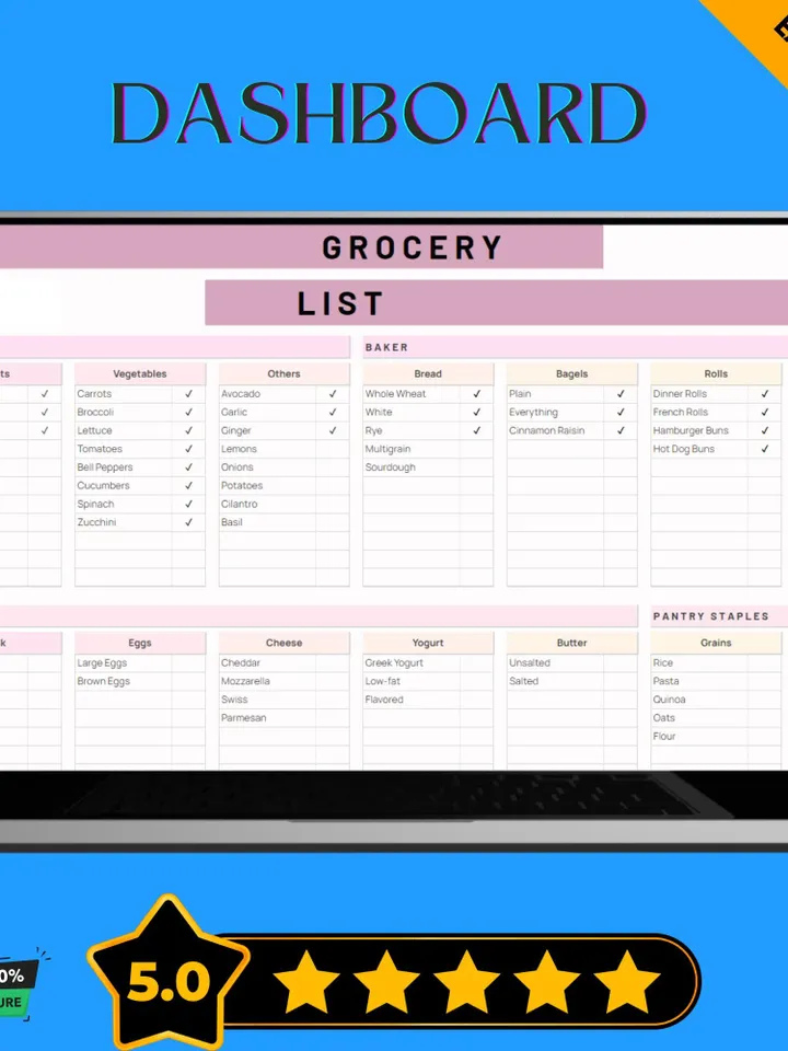Grocery List Template, Editable Google Sheets, Easy-to-Use, Digital Download for Meal Planning, Shopping, and Budgeting