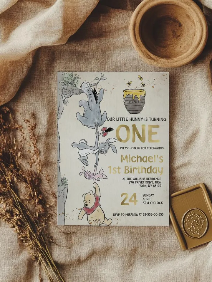 Winnie the Pooh Inspired First Birthday; Classic Winnie Pooh Invitations; Neutral Winnie Pooh Turning One; Winnie Pooh Birthday Party Theme