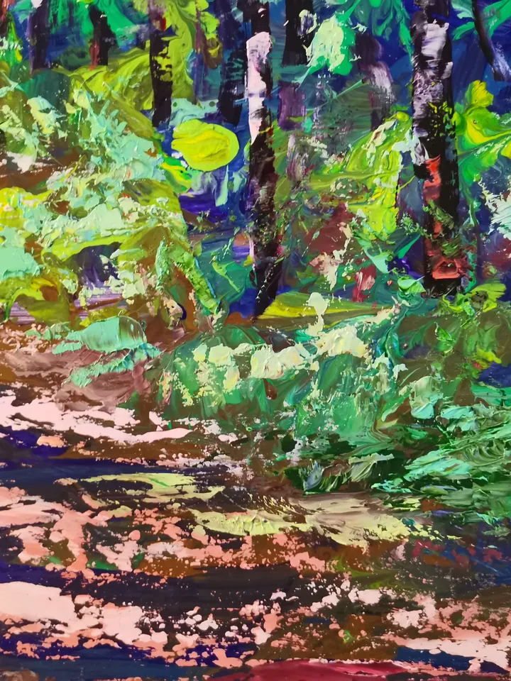 Oil Painting Forest Path Sun Abstract Impasto Art Original Artist Svinar Oksana