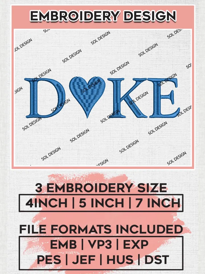 NCAA Duke Team Heart Logo Embroidery Design Files, NCAA Duke Blue Devils Machine Embroidery, NCAA Teams, 3 sizes, NCAA Machine embroidery designs, Digital Download