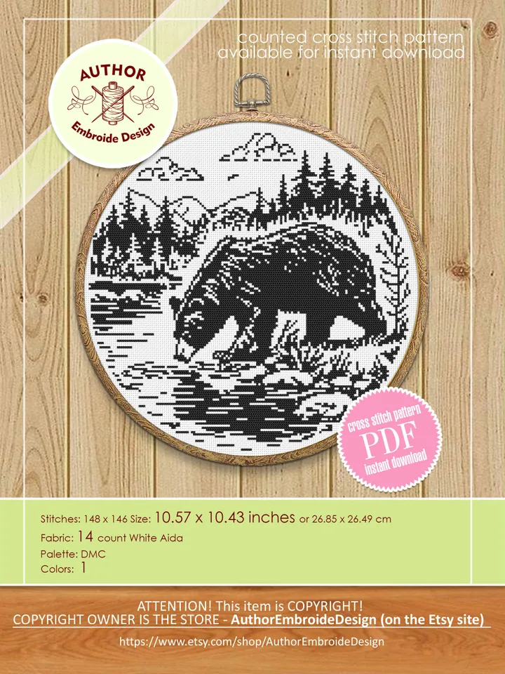 Grizzly bear cross stitch pattern PDF download Bear silhouette cross stitch chart, Monochrome nature pattern digital, Forest landscape #L79