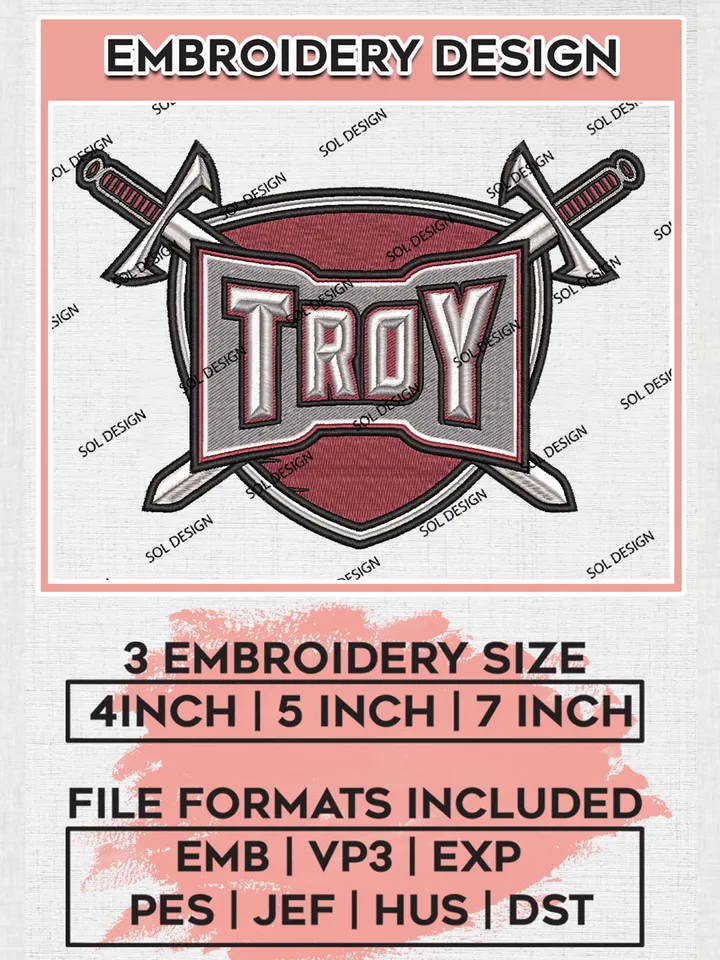 NCAA Troy Football Team Logo Embroidery Design Files, NCAA Troy Trojans Machine Embroidery, NCAA Teams, Game Day, 3 sizes, NCAA Machine embroidery designs, Digital Download