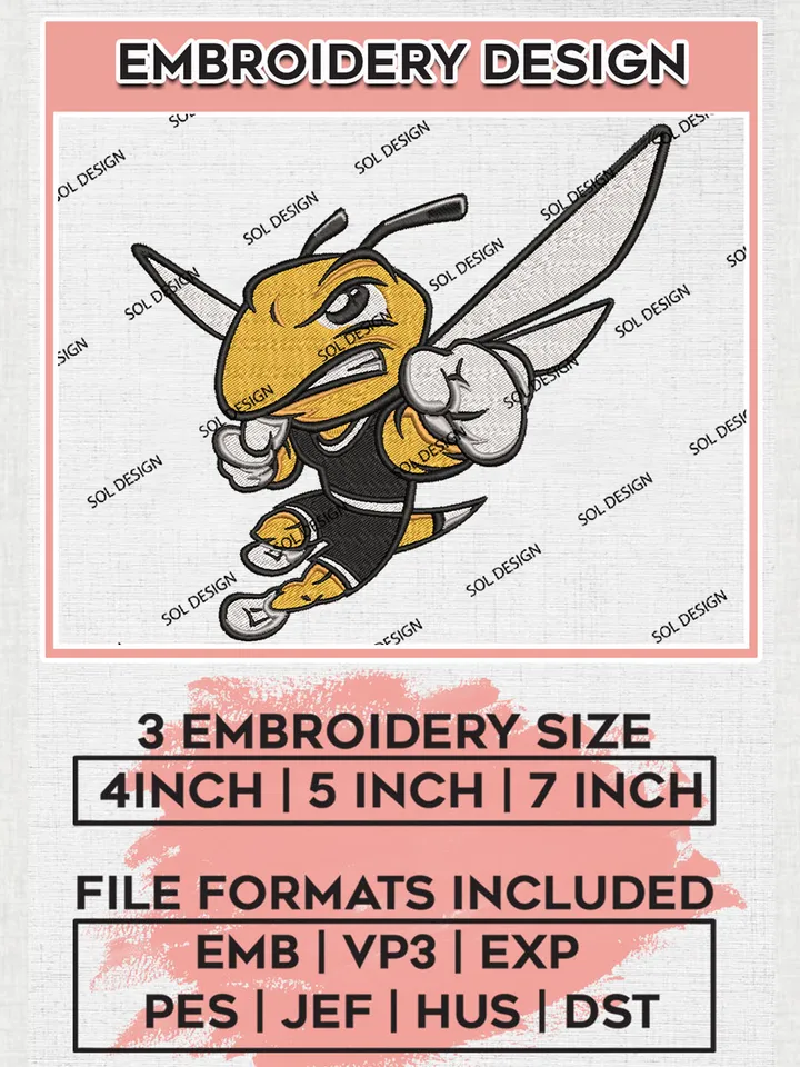 NCAA AIC Yellow Jackets Team Funny Mascot Logo Embroidery Design Files, NCAA AIC Yellow Jackets Machine Embroidery, NCAA Teams, 3 sizes, NCAA Machine embroidery designs, Digital Download