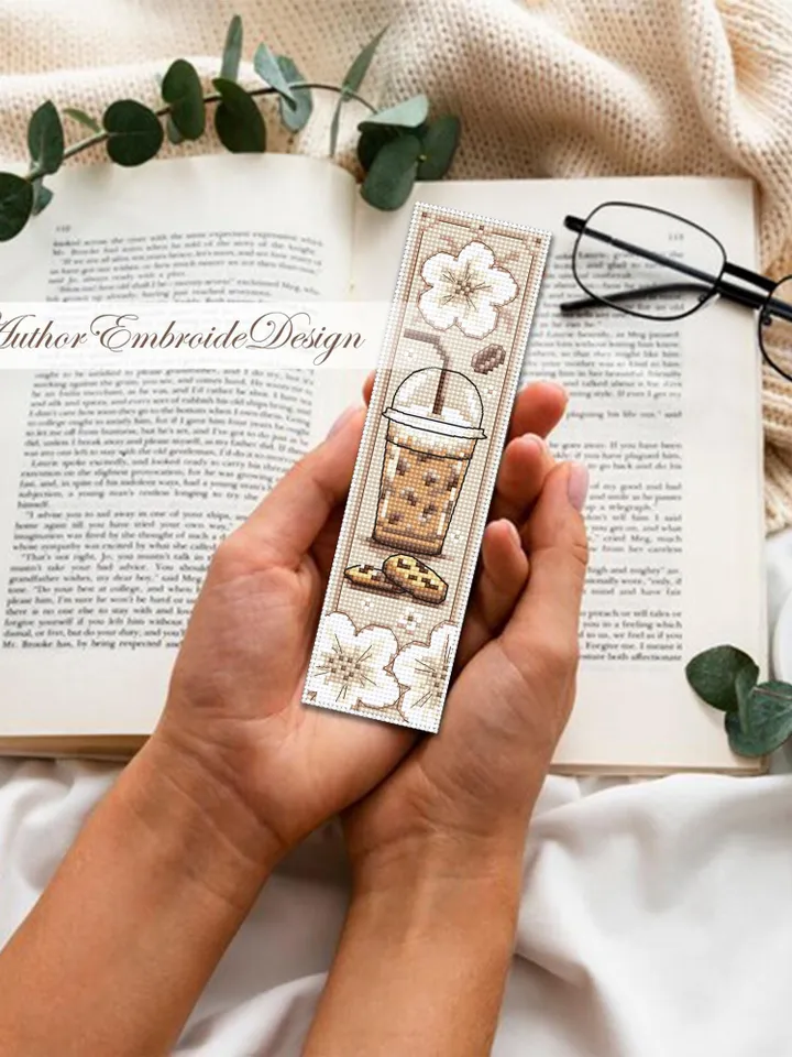 Coffee bookmark cross stitch pattern PDF download Coffee cross stitch chart, Bookmark pattern digital PDF, Iced coffee glass #B377