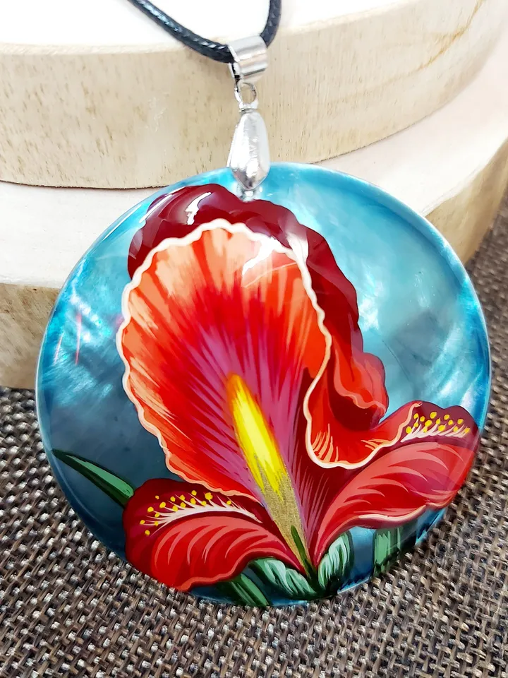 Iris. Flowers of spring. Fans of irises. Hand-painted pendant. Mother-of-pearl. A floral gift. Hand painted miniature painting. Miniature