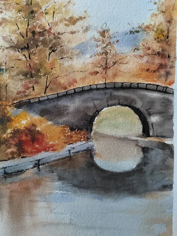 Autumn Country Landscape Art Original Watercolor Painting 11.81x15.74 in by Art Café