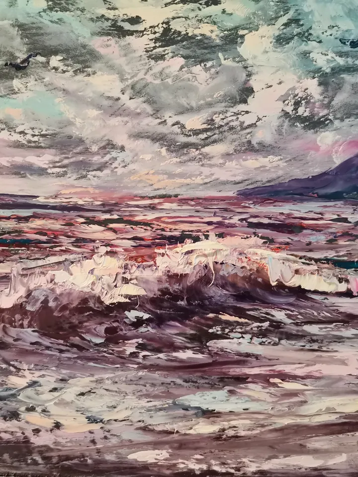 Moon Night Mountains Sea Wave Original Art Oil Painting Artist Svinar Oksana