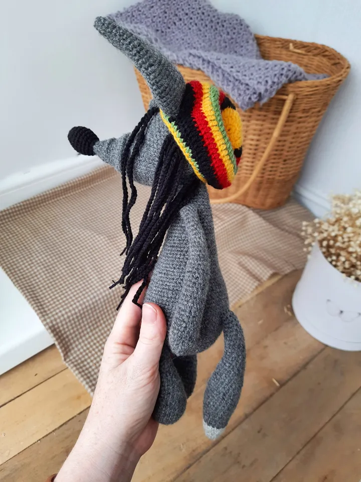 Gray wolf toy in Funny Bob Marley Rasta dreadlock Hat. Replica Rasta toy best friends gift