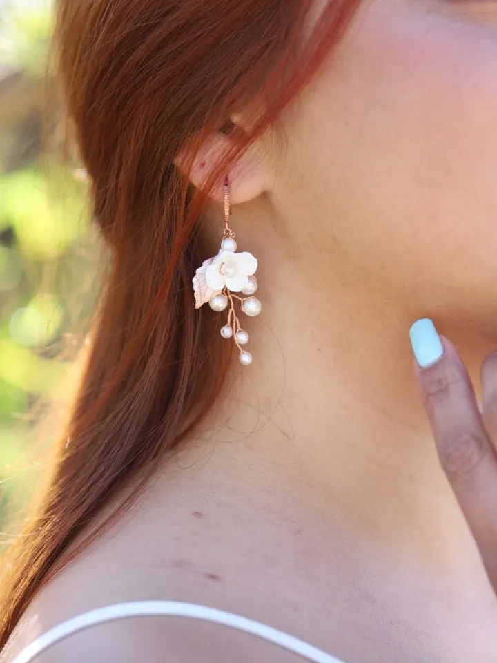 Delicate Porcelain Flower Wedding Earrings, Boho Wedding Earrings, Floral Wedding Earrings
