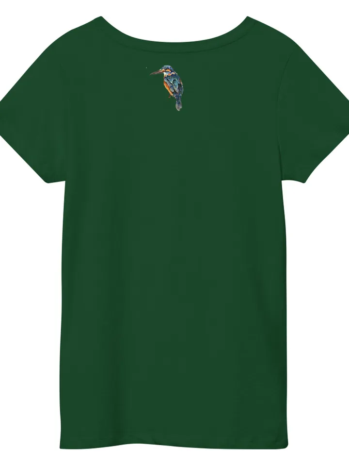 Kingfisher Women’s basic organic t-shirt made with my original watercolour painting,birds t shirts,unique handmade designer shirts for sale