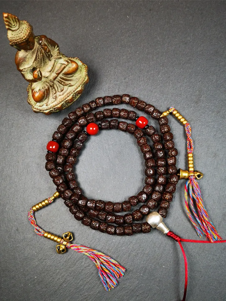 Gandhanra Old Tibetan 108 Rudraksha Mala,Prayer Beads Necklace,Rosary Beads for Meditation,Diameter 0.32", Circumference 30"