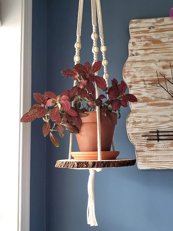 Macrame Plant Hanger with Live Edge Wood Shelf Boho Home Decor Plant Pot Holder Unique Housewarming Gift