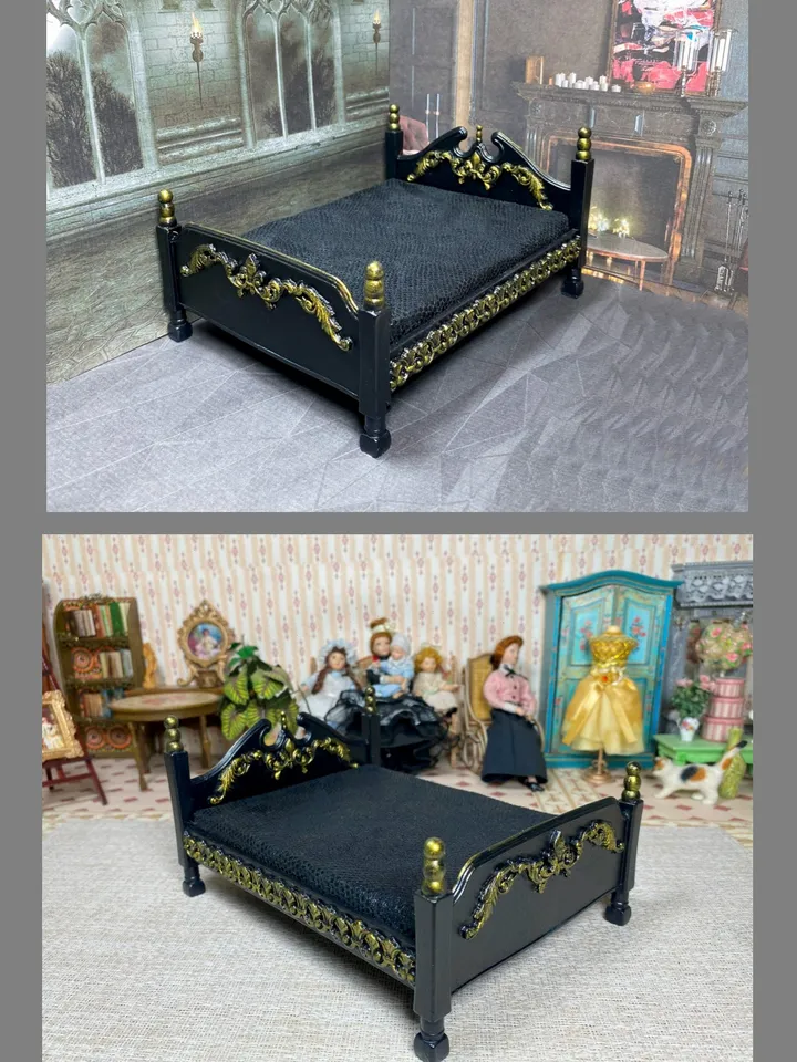 Gothic-style bed. Miniature dollhouse. 1:12 scale. Handmade.