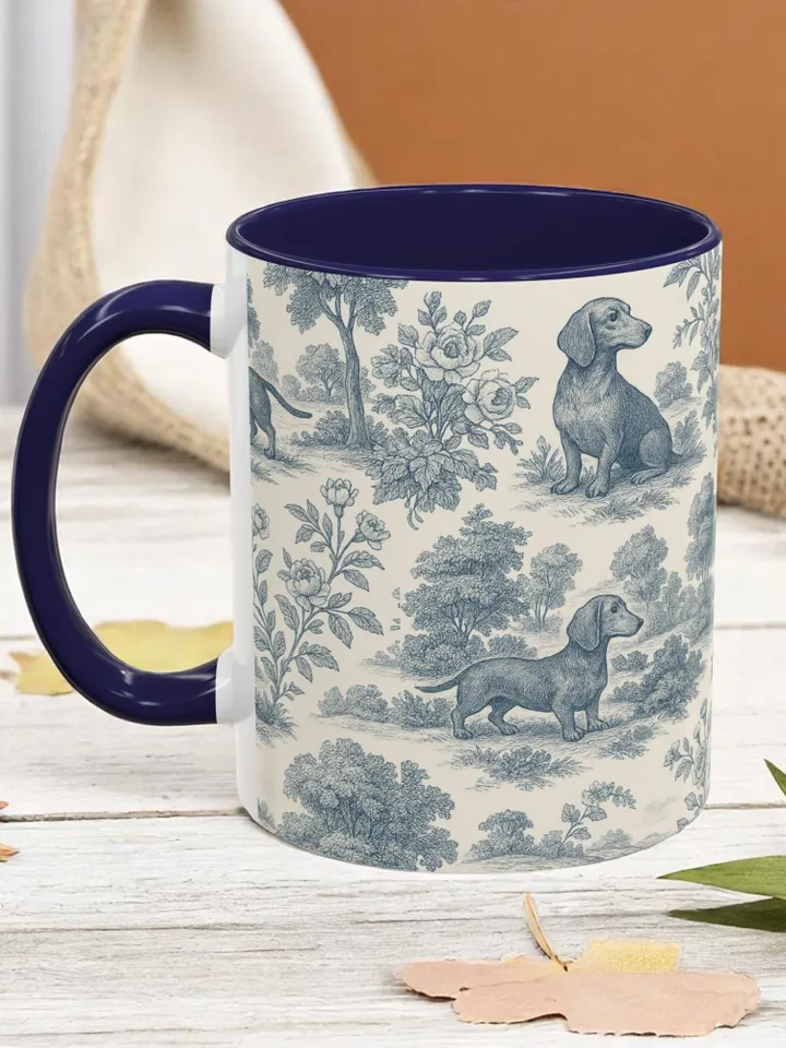 Dachshund French Toile de Jouy Mug, Blue Toile Coffee Cup for Doxie Mom, Sausage Dog Lover Gifts, Dog Tea Drinkware, Gift For Dog Lovers