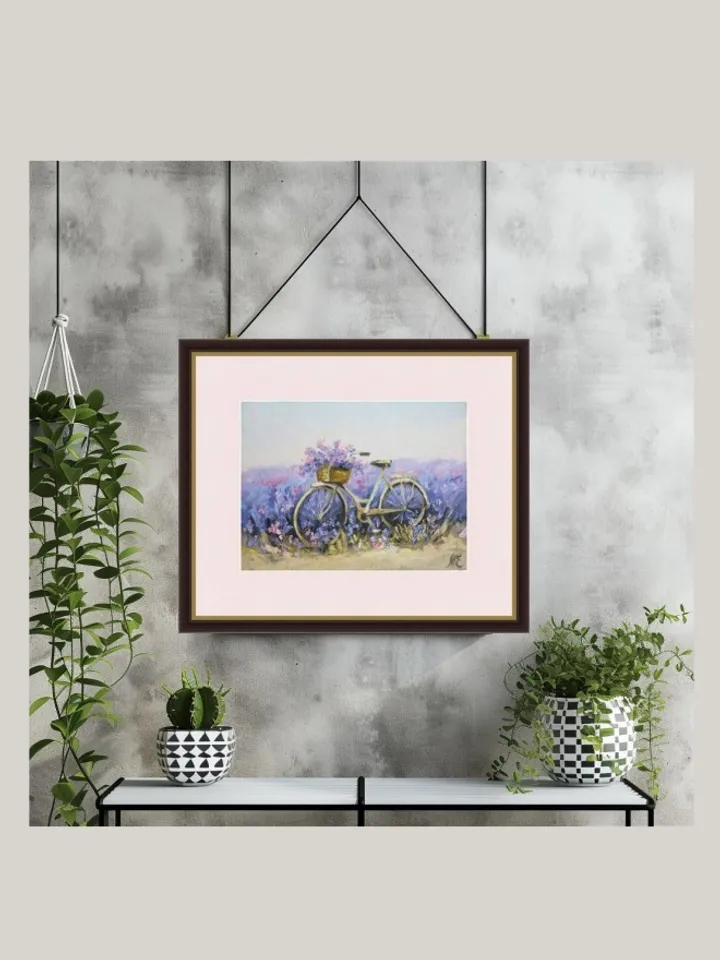 Original Oil Painting Vintage Bicycle with Lavender Home Decor and Inspiration