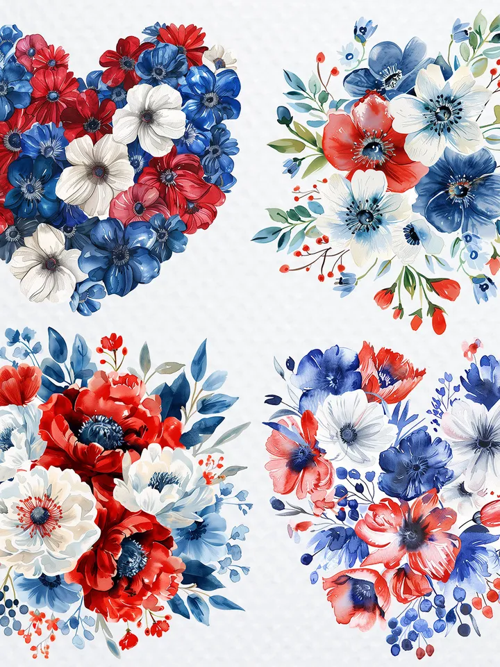 22 Patriotic bouquets PNG Bundle, Printable Watercolor American USA Bouquet for sublimation, 4th of july clipart, Paper craft, junk journal