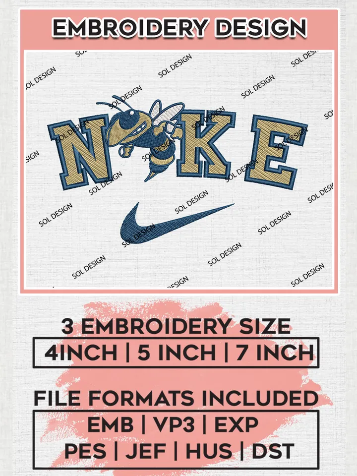 Nike Georgia Tech Yellow Jackets Machine Embroidery Design, NCAA Georgia Tech Yellow Jackets Embroidery Design Design files, NCAA Embroidery Designs, NCAA Machine Embroidery Designs, Digital Download