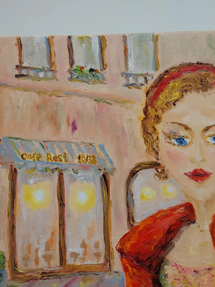 "Street cafe. Woman in red" oil painting on canvas 50x50cm (20x20 inch)