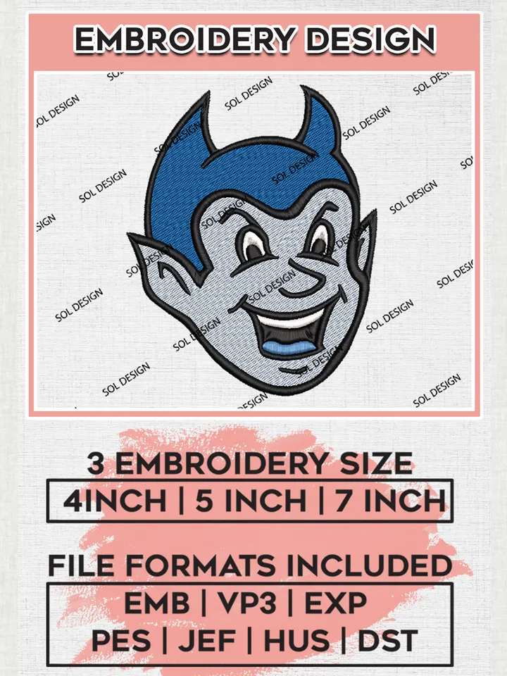 NCAA Central Connecticut Blue Devils Team Head Mascot Logo Embroidery Design Files, NCAA Central Connecticut Blue Devils Machine Embroidery, NCAA Teams, 3 sizes, NCAA Machine embroidery designs, Digital Download