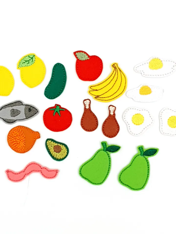 ITH Felt Play Food Embroidery Design Set, Miniature Kitchen Toy Fruit Fish Meat Pattern, 4x4 Hoop Digital File