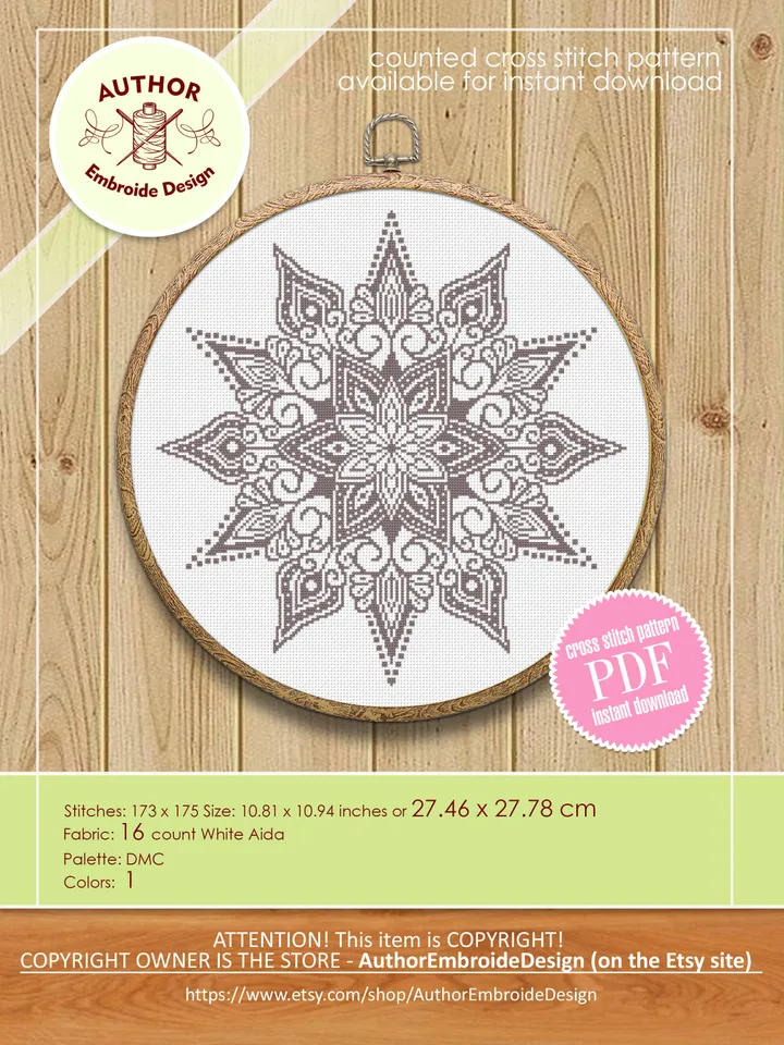 Monochrome mandala cross stitch pattern download PDF Flower mandala pattern digital PDF Floral ornament cross stitch chart Home decor #M181