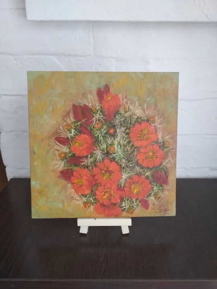Oil painting of blooming cactus covered with thorns, original painting with red flowers, canvas 8x8 inches