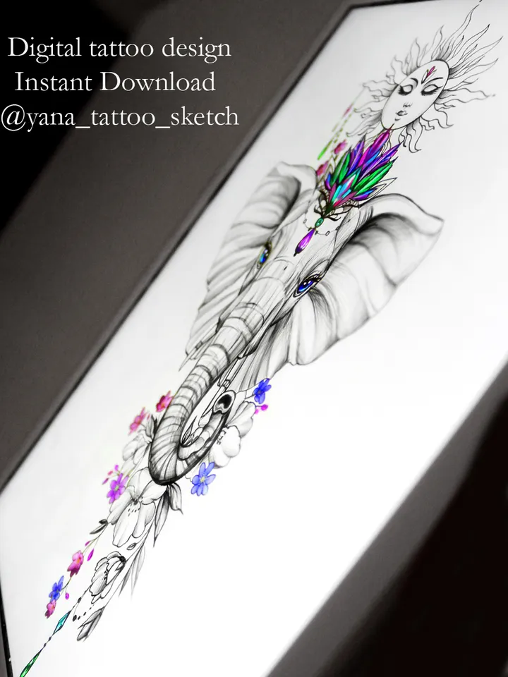 Elephant Tattoo Designs For Females Elephant Tattoo Idea Stencil Sketch, Instant download PDF, JPG