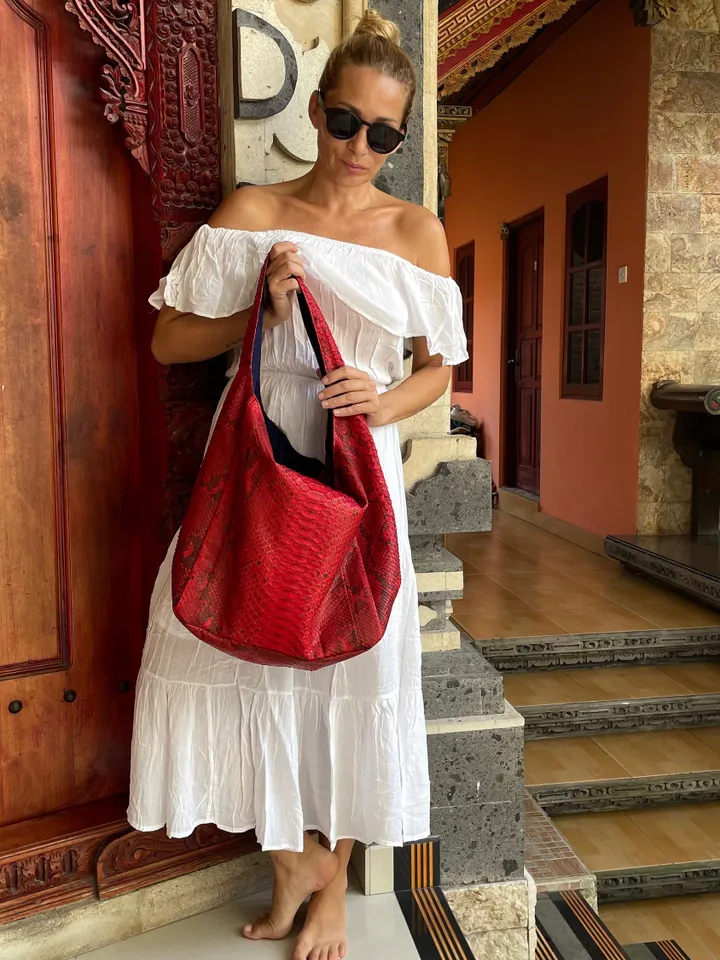 Big Soft Hobo Classy Sport Woman Bag | Purse Genuine Python Skin | Red Riva Elegant Leather Designer Soft Bag Snake | exotic leather purse