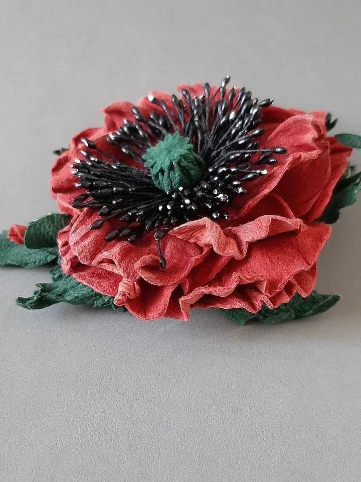 Red poppy leather brooch 3rd anniversary gift for wife, Leather women's jewelry
