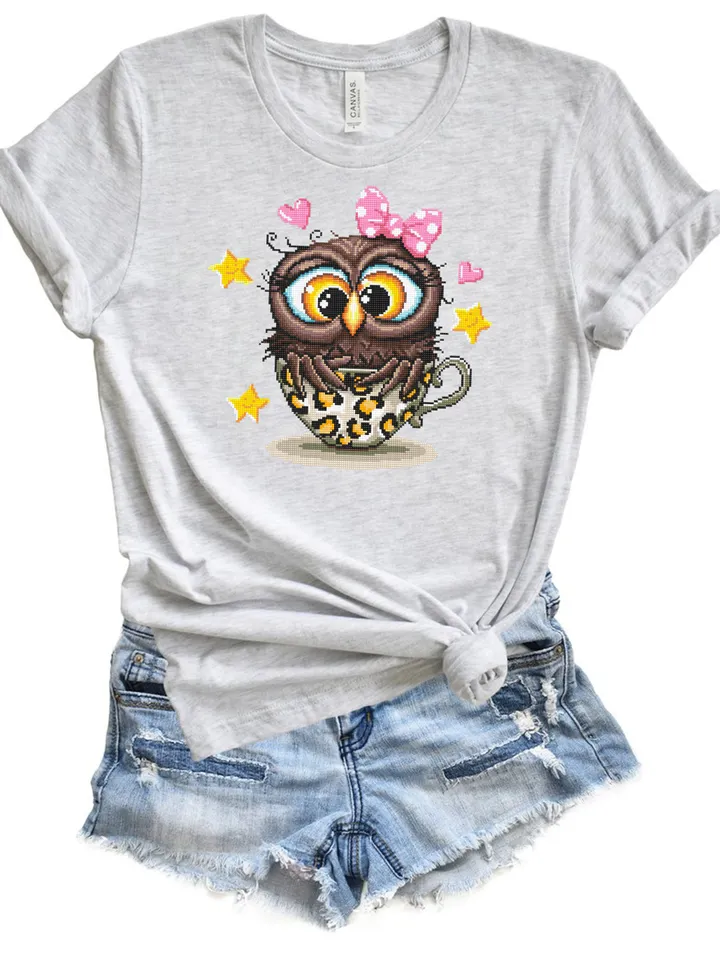 Cute owl cross stitch pattern digital PDF Leopard print cup cross stitch Instant download PDF Funny bird xstitch chart Modern Home decor #D5
