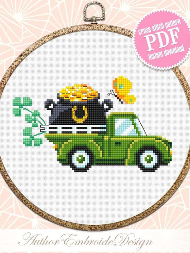 St Patricks truck cross stitch pattern PDF download Happy St Patrick's Day cross stitch chart for beginner, Pot of gold cross stitch #T30