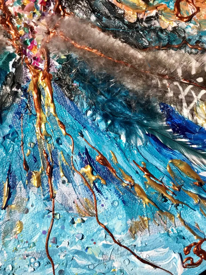 Abstract butterfly mix media painting on round canvas,original artwork,oil,acrylic feathers and beads decorated,unique home decoration ,gift