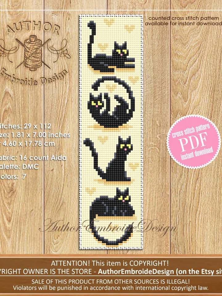 Cat Bookmark set cross stitch pattern download PDF Black cat cross stitch chart, Cat quotes, Bookmark pattern digital, Cat lover gift #B323