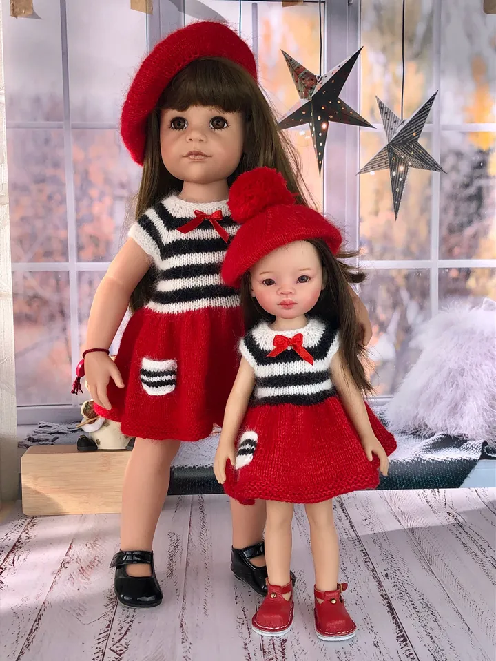 French Dress for Paola Reina doll KNIT PATTERN Oar dress for Boneka 12-13 inch doll, Ruby Red Siblies, Les Cheries 32 cm PDF eng