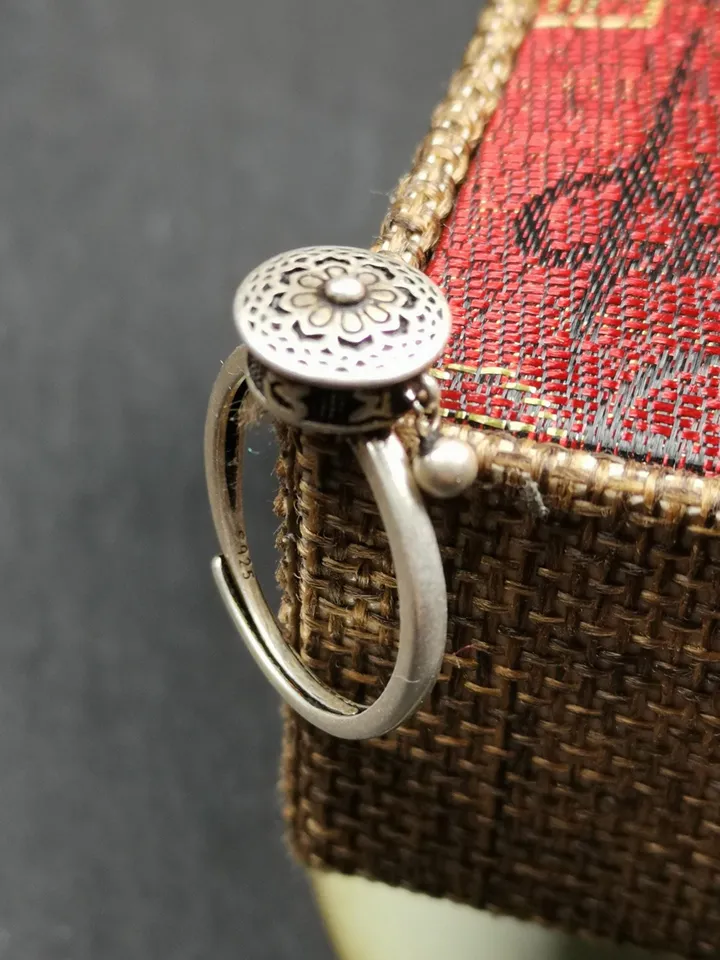 Gandhanra Unique Handcrafted Tibetan Silver Prayer Wheel Ring | Mandala Shape & Om Mantra | Adjustable Size | Protection Jewelry for Women