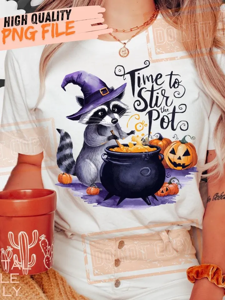 Time To Stir The Pot Png Funny Raccoon Witch Retro Halloween Png Spooky Season Png Funny Halloween Witch Brew Png Vintage design ORIGINAL