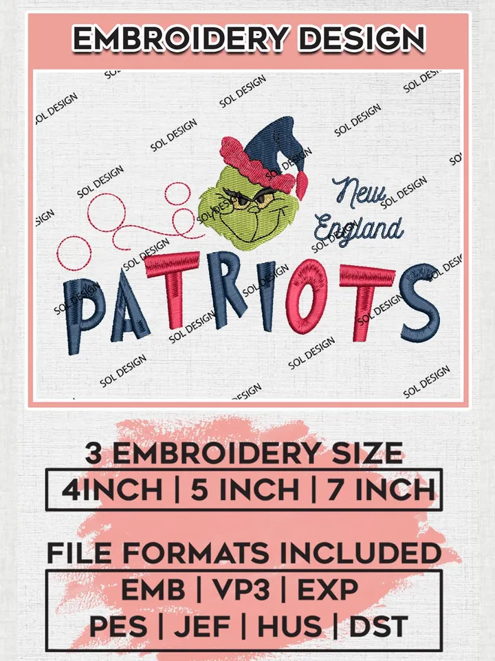 Christmas Grinch New England Patriots Embroidery Designs, Grinch Embroidery Files, NFL Patriots Machine Embroidery Designs, NFL New England Patriots Logo, NFL Christmas Machine Embroidery Design, Digital Download
