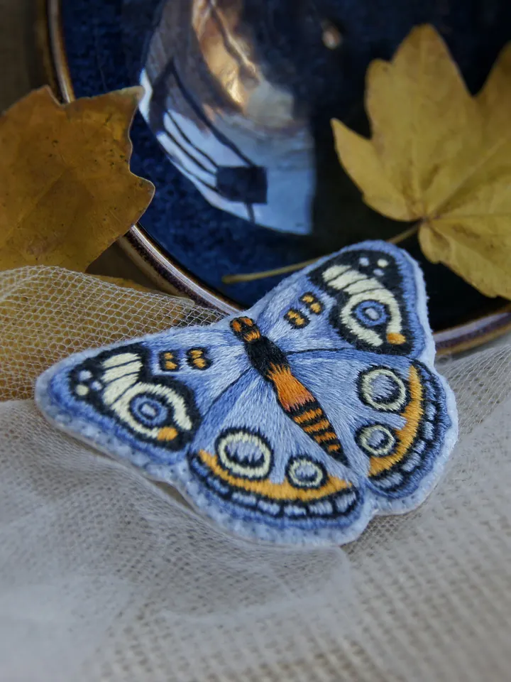 Butterfly Brooch. Embroidered pin brooch. A brooch in the shape of a butterfly.