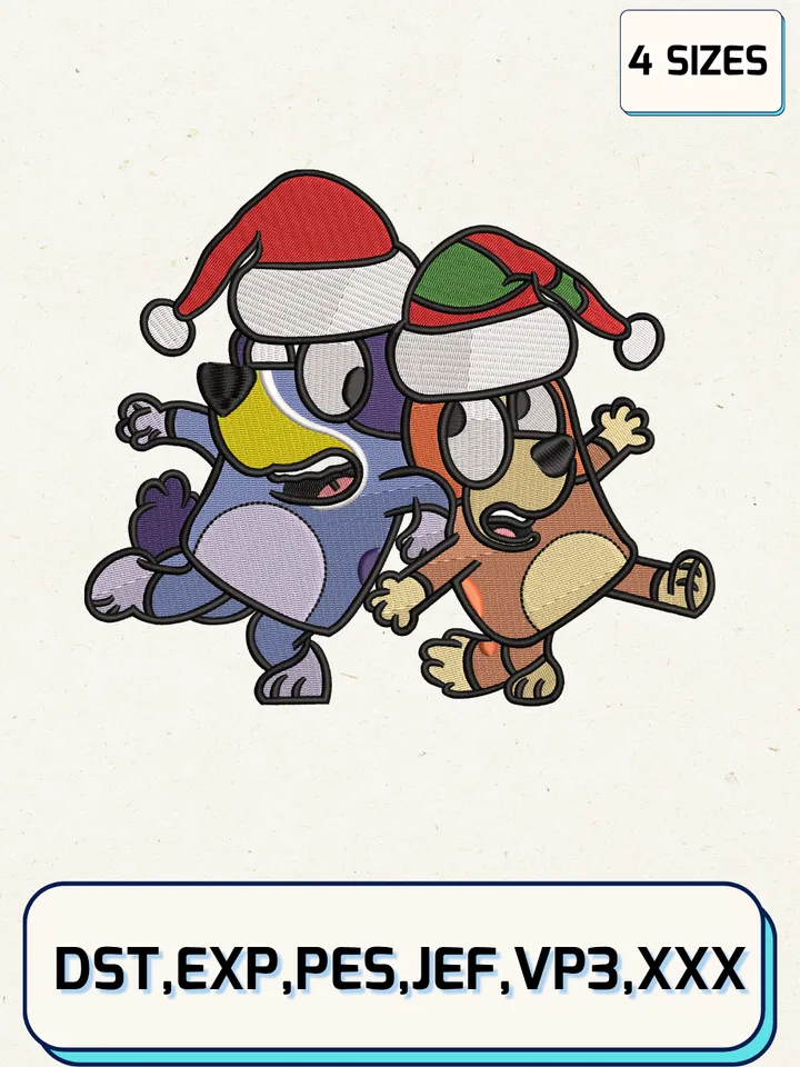 Bluey And Bingo Santa Hat Embroidery Design,Christmas Embroidery Designs,Machine Embroidery Files,Bluey And Bingo Embroidery Design,4 sizes