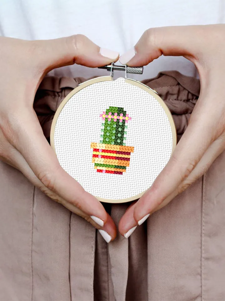 Blooming cactus plant cross stitch pattern PDF download, Simple mini cross stitch chart, House plant cross stitch, DIY Plant lover gift #P35