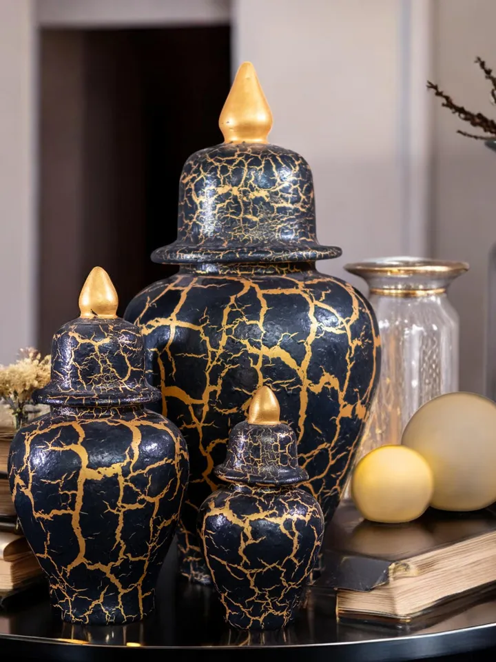 Set of 3 Black and Gold Jars with Crackle Finish – 3 Sizes, Decorative Jar Set in Black and Gold with Crackle Design