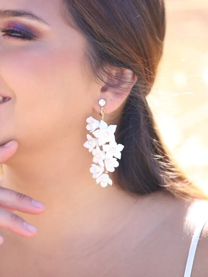 Delicate Full Porcelain Flower and Leaf Boho Wedding Earrings For Brides, Floral Bridal Earrings, Statement Wedding Jewelry, Bridal Jewelry